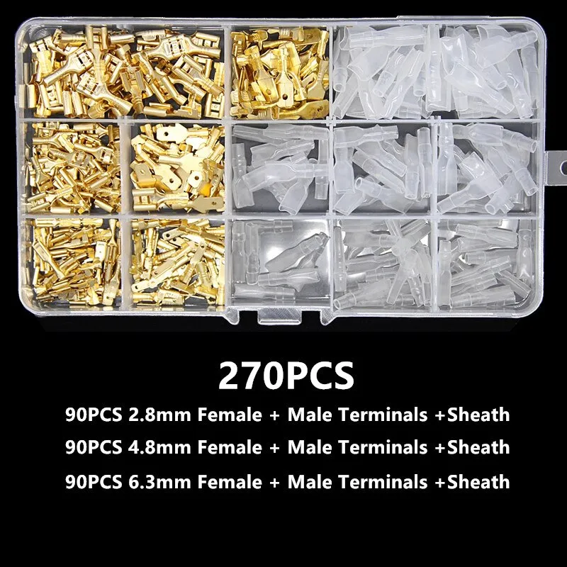 270Pcs 2.8mm 4.8mm 6.3mm Plug Spring Female Male Spade Cold Crimp Terminals Connector Car Speaker Electrical Wire Connectors Set