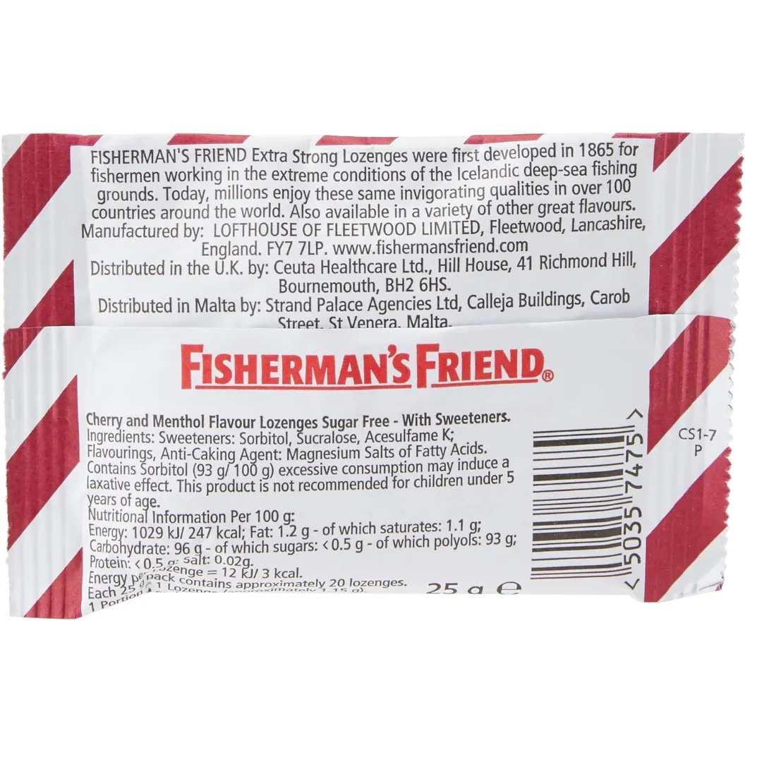 Fisherman’s Friend Cherry Lozenges, Sugar Free Extra Strong Menthol Throat Lozenges, Pack of 24 (25g) (T)