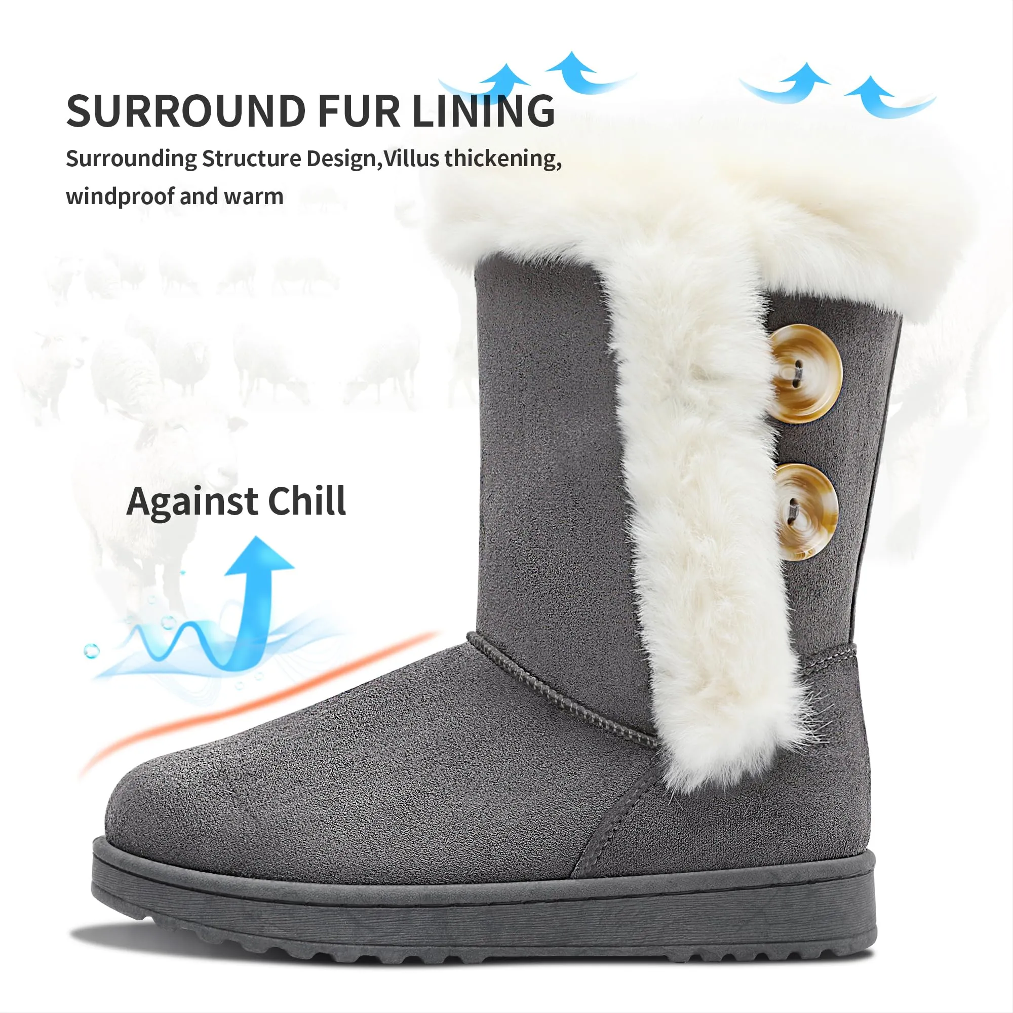 Grey Fashionable Winter Fur Lined Snow Boots