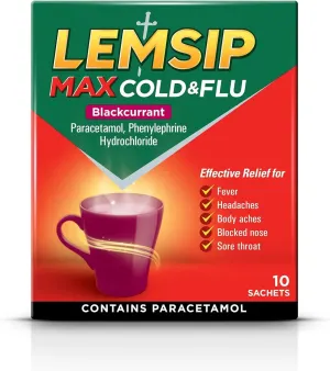 Lemsip Max Cold & Flu Powder Oral Solution Blackcurrant – 10 Sachets