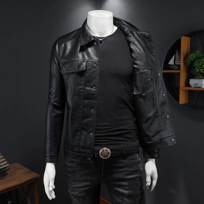 Men's Long-sleeved Lapel Motorcycle Pu Handsome Leather Coat