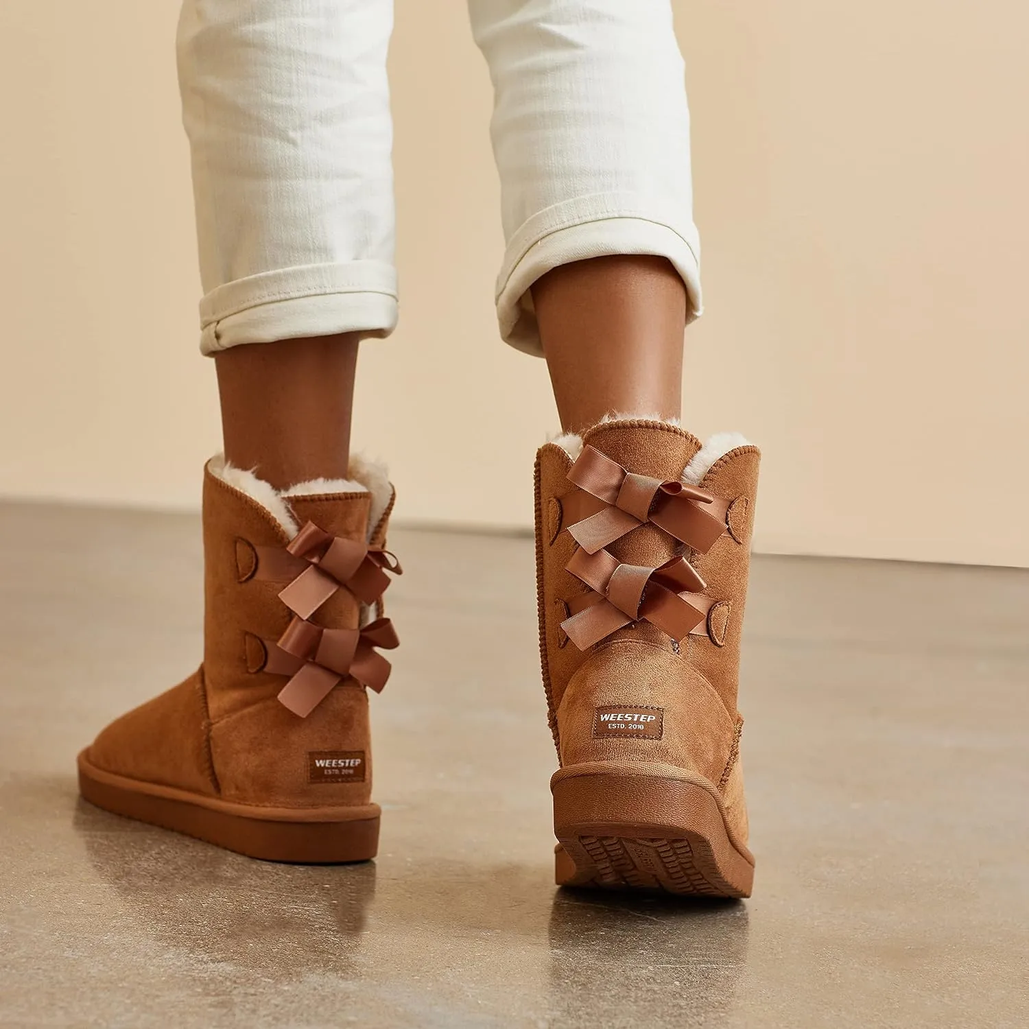 Stylish Back Bow Fur Lined Comfy Brown Suede Winter Boots