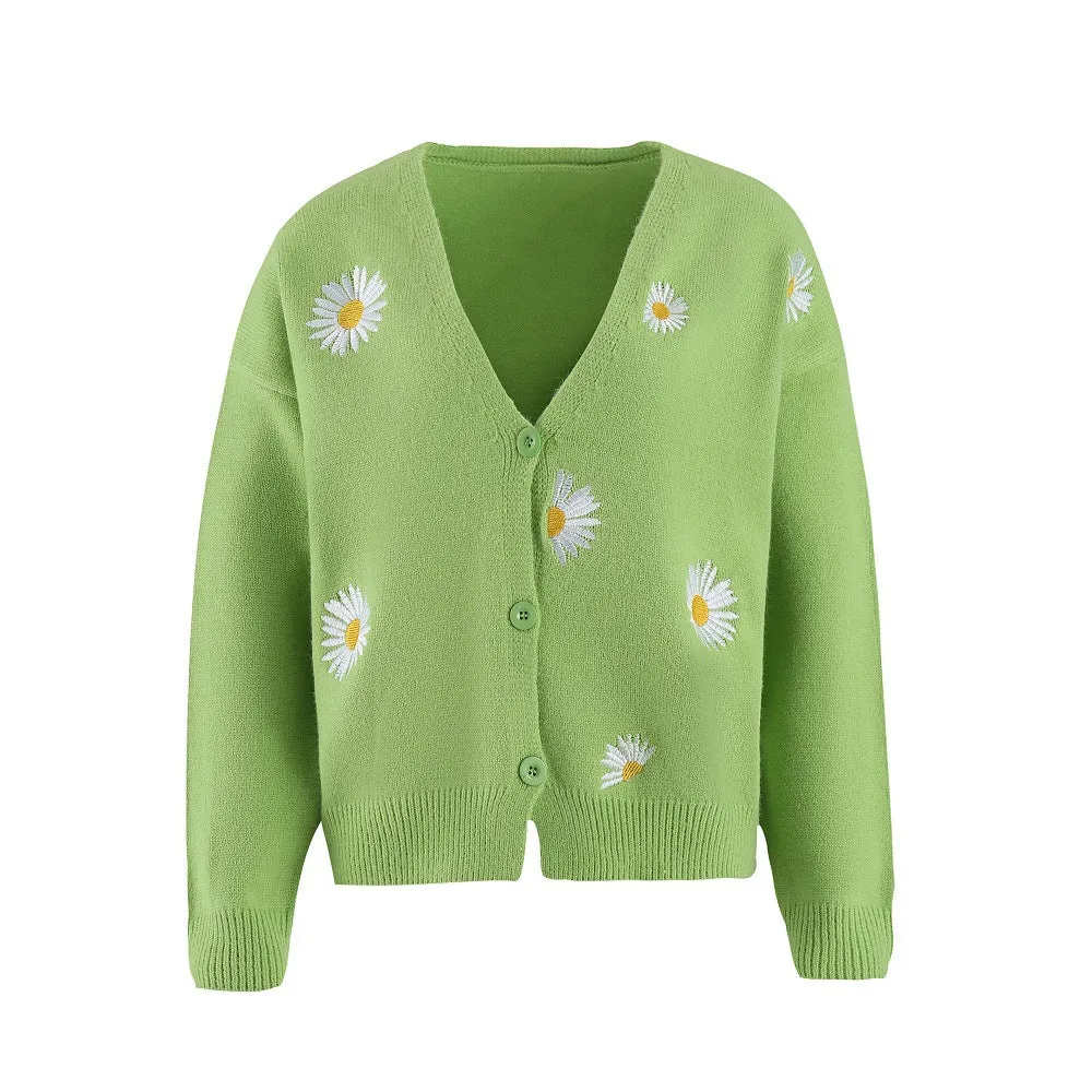 Trendy Women's Embroidered Cardigan - Stylish Single Breasted Sweater