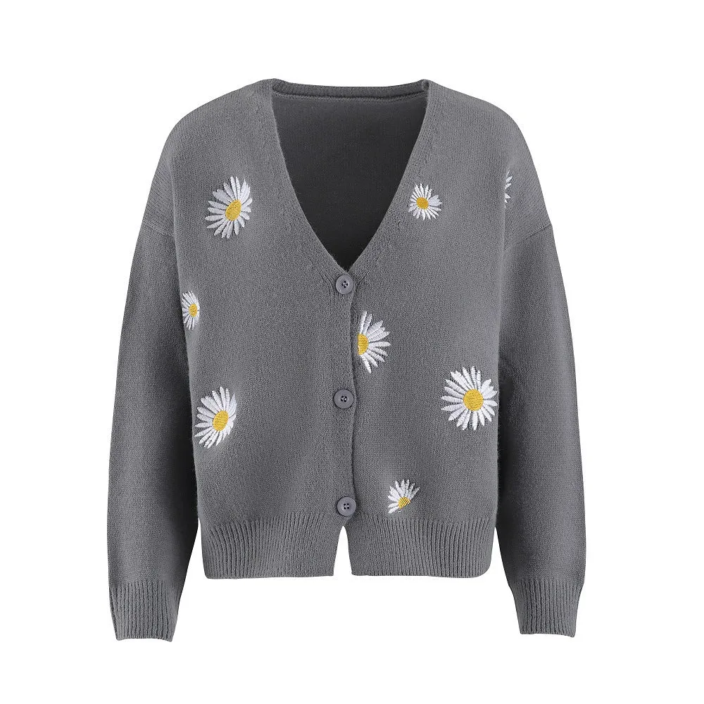 Trendy Women's Embroidered Cardigan - Stylish Single Breasted Sweater